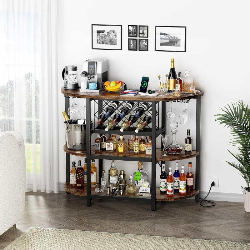 Bar Table Cabinet with Power Outlet, LED Home Mini Bar Cabinet for Liquor, Metal Wine Bar Stand