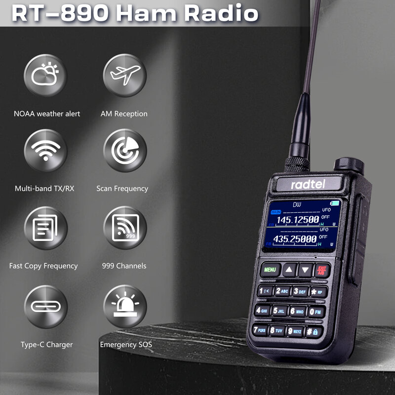 Radtel RT-890 NOAA Weather Channel 6 Band Ham amatoriale Radio a 2 vie 999CH Walkie Talkie AM Air Aviation Band Scanner a colori Marine