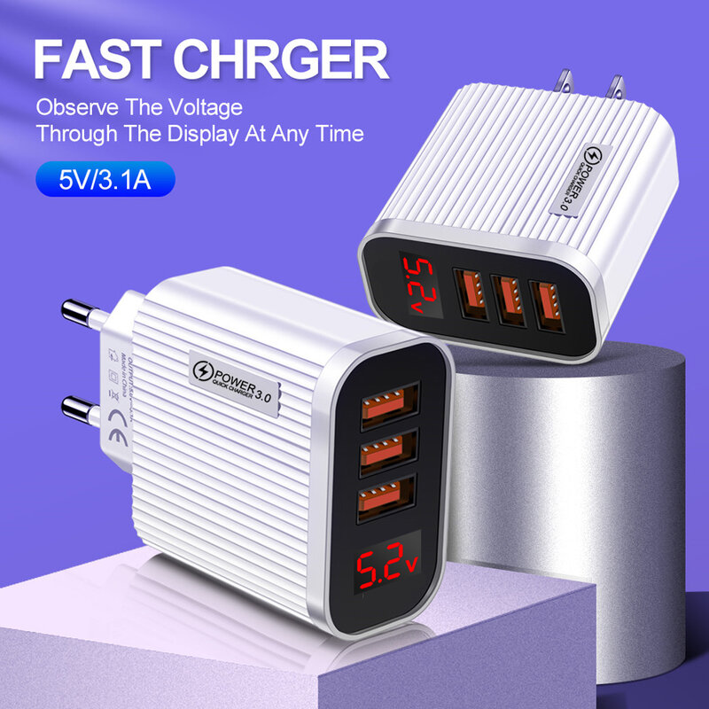 Quick charger3.0 USB Charger for iPhone12 13Pro Max Xiaomi Samsung Huawei 5V 3A Digital Display Fast Charging Wall Phone Charger