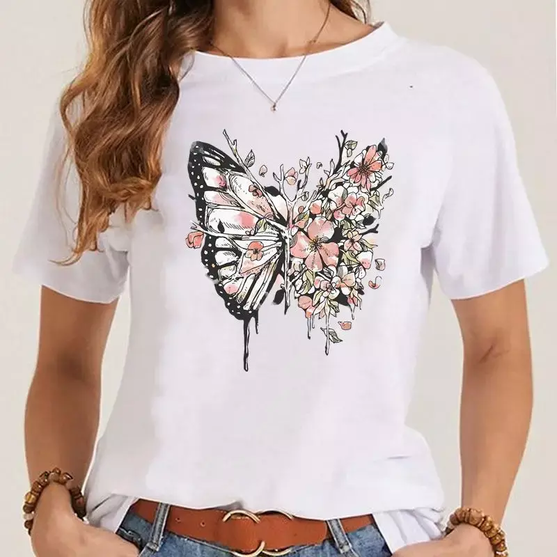 T-shirt graphique à manches courtes pour femmes, vêtements de mode pour femmes, haut d'été pour dames, dessin animé, plante, papillon, années 90