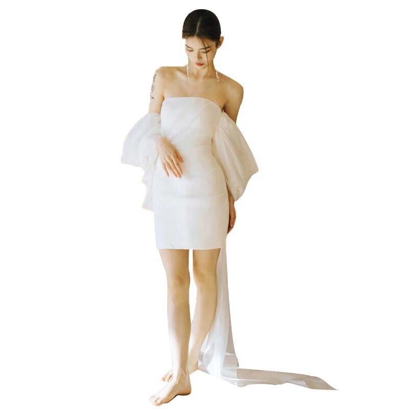 Vestido de casamento sem mangas sem costas feminino, simples, curto, coreano, sexy, sem alças, noiva, tiro, moda, novo, 2024