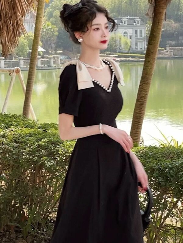 Vestido negro elegante de estilo chino para mujer, Vintage OL, Oriental, manga corta, perla, cuello en V, vestidos de verano, nueva moda