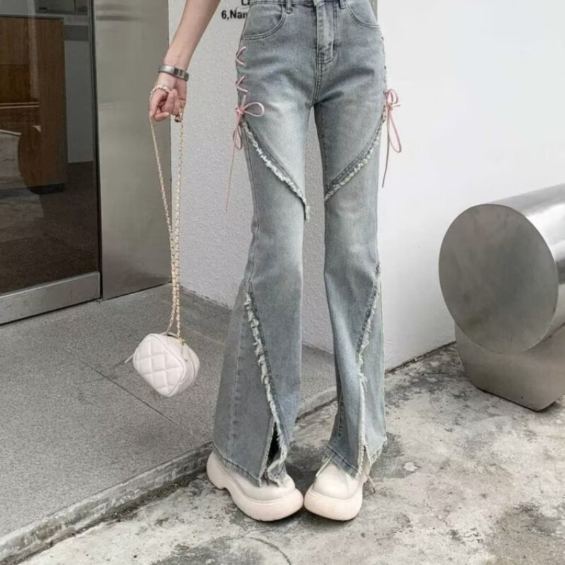 Новые джинсовые брюки для женщин в стиле ретро и пряного стиля, необычный разрез, микро расклешенные длинные брюки, универсальные и придающие стройность