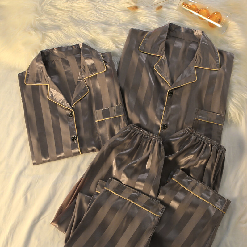 용수철 아이스 실크 잠옷 남녀공용, 긴팔 줄무늬 커플 잠옷, 빅 사이즈 새틴 홈 의류, 고품질, 신상