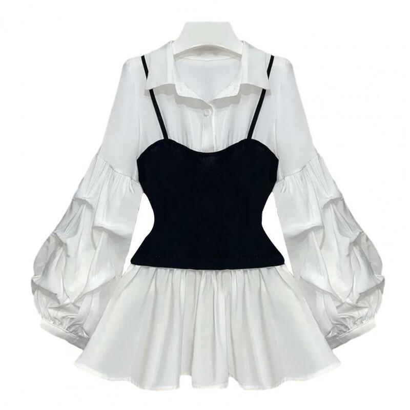 Camisa plissada de bloco colorido feminina, manga bolha, silhueta linha A, respirável, elegante, outono, inverno, roupeiro