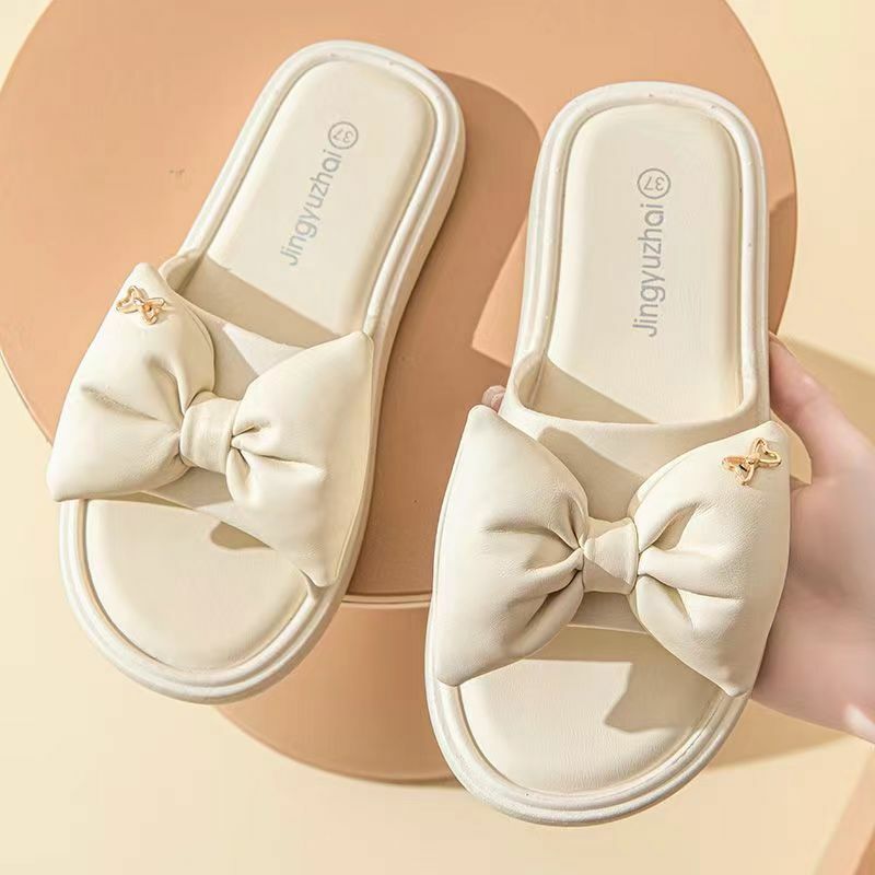 New Women's Summer One Word Flat Sole Slippers Free Shipping Thick Sole Non Slip Lovely Bow Home Slippers Outdoor Beach Slippers