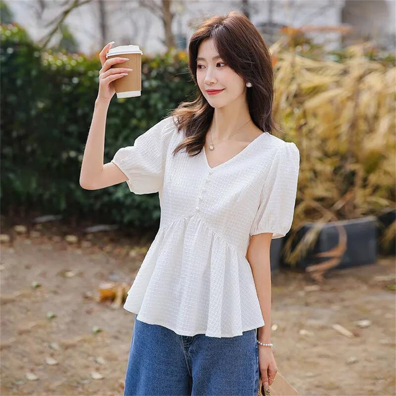 New Retro Pullover White short Sleeve Solid Color Shirt Women's Simple white Tops and Blouse Women Spliced Chiffon Elegant