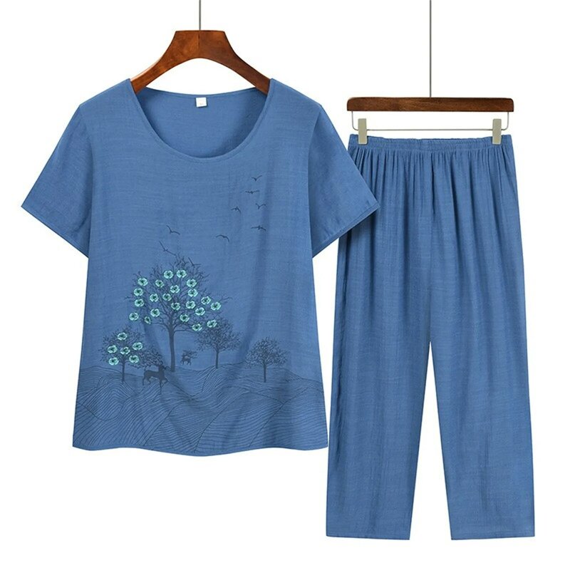 Conjunto de pijama de algodón para mujer, ropa de dormir holgada con estampado de flores, pantalones grandes para el hogar, 2 piezas