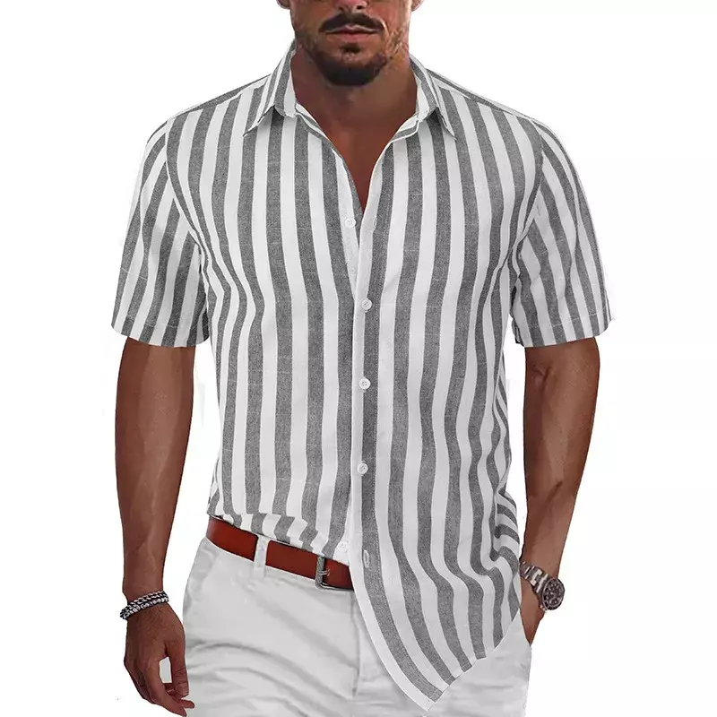 Летняя мужская рубашка в полоску, Гавайский стиль, короткий рукав, универсальный отложной воротник, мужской кардиган, Повседневная Свободная модель 5XL