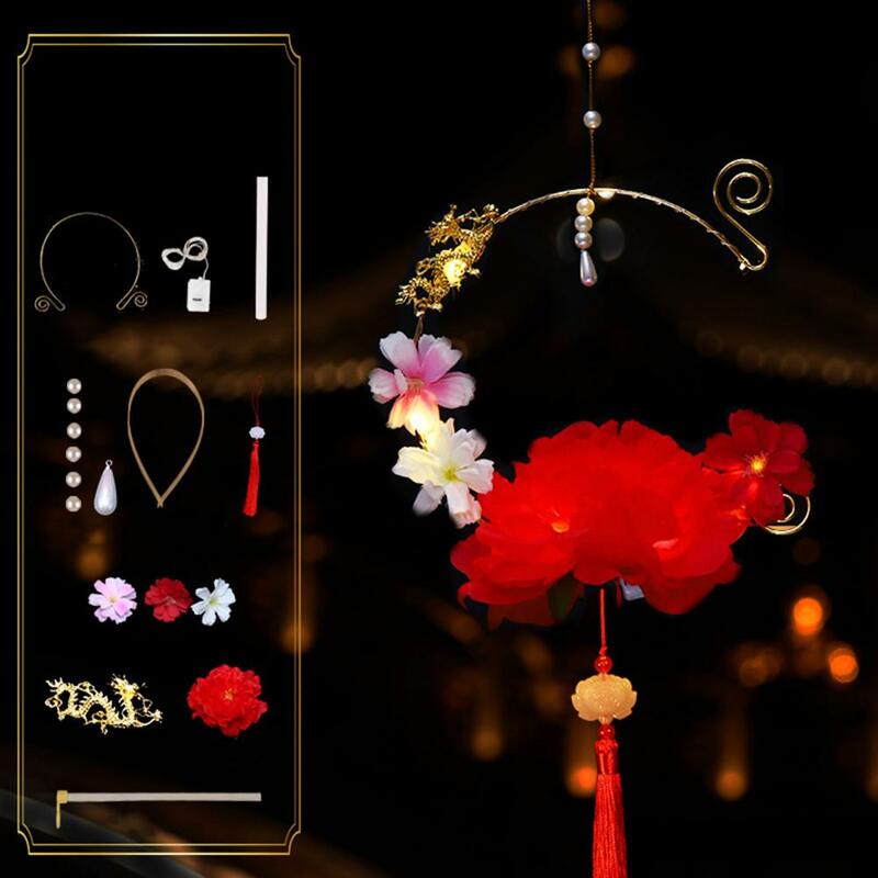 Kit artesanal lanterna dragão chinês com borlas, flores simuladas, decoração festiva do ano novo, DIY