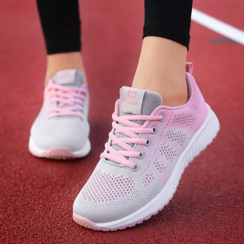 Sepatu kets Platform vulkanisir wanita, sepatu Sneakers olahraga lari gemuk berjaring datar bersirkulasi Musim Panas 2023