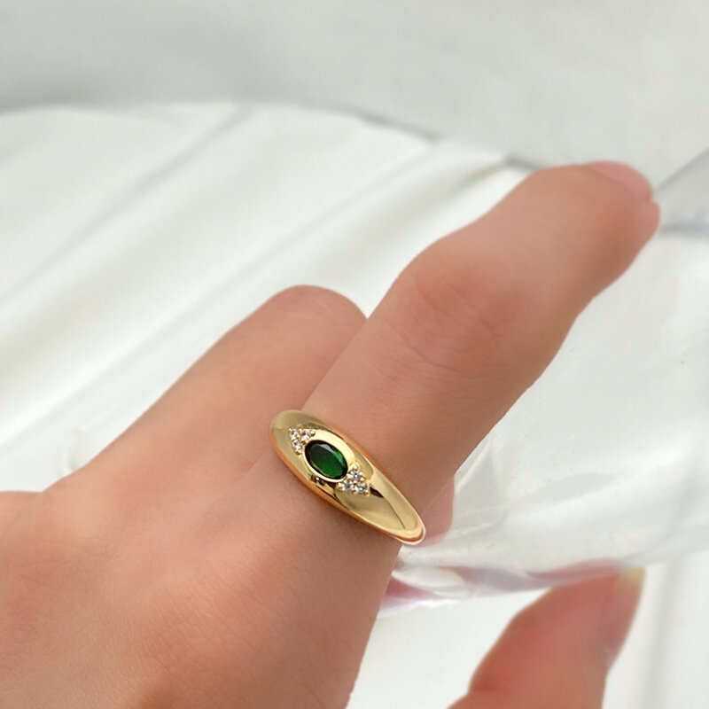 SYOUJYO cincin zirkon kubik hijau untuk wanita, perhiasan tembaga trendi pernikahan pengantin wanita warna emas 585