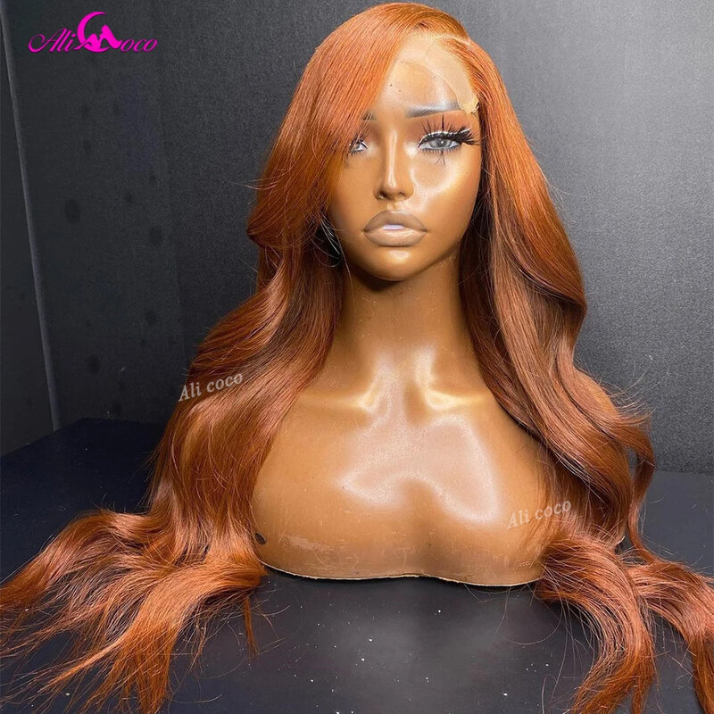 Wig 13x4 13x6 Cahaya jahe coklat renda Frontal rambut manusia Wig gelombang tubuh Wig rambut manusia untuk wanita telah dipetik kepadatan 180