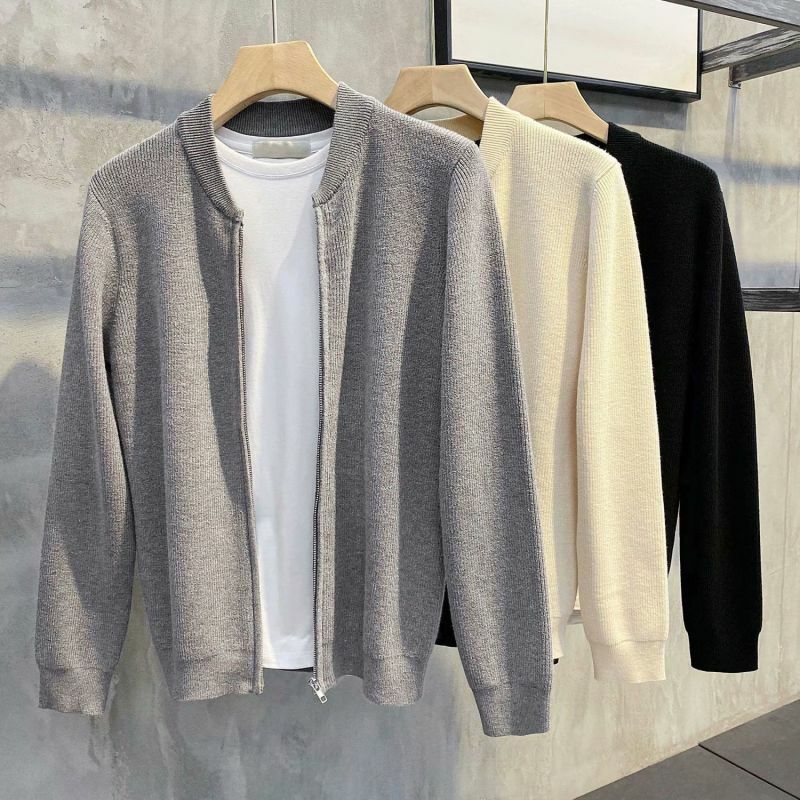 2023 New Spring and Autumn Korean Edition Trend Stand Collar Solid Color Pit Stripe Slim Fitting High-end Men's Sweater Cardigan