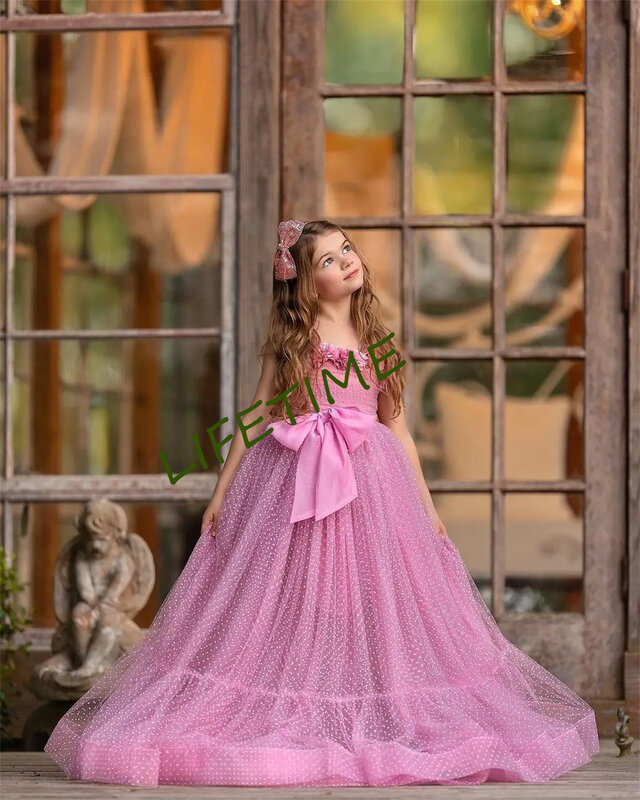 Floral Girl Dress Sleeveless Spagehetti Straps Princess Ball Gown Floor Length Fluffy Skirt Tulle Fairy Wedding Party