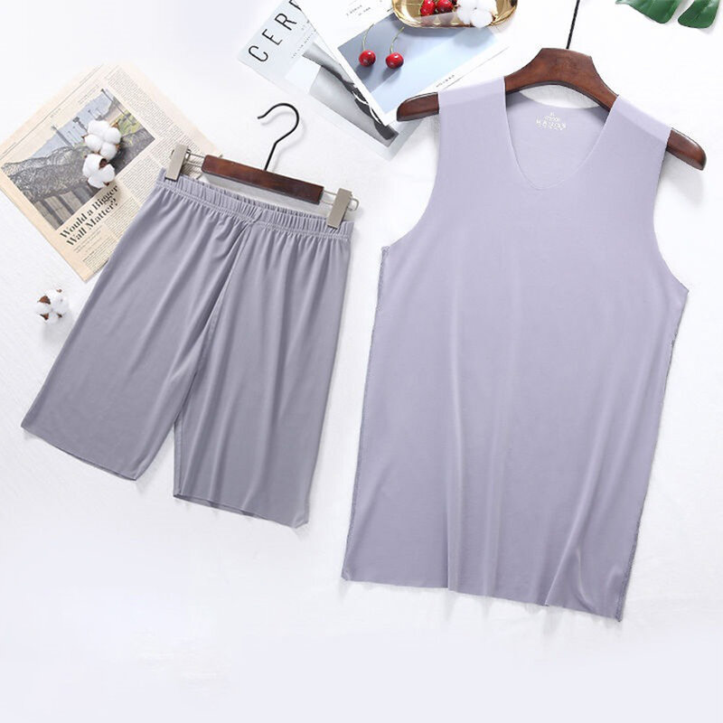 Men’s Ice Silk V-Neckline Sleeveless Tank Vest Top And Five Shorts Set Pajamas Summer Casual Elastic Comfortable Living Wear