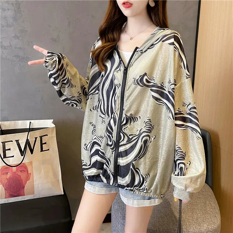 Silk Hooded Sunscreen Clothing Jacket Women Summer Loose Breathable Thin Jackets Sun-Protective Coat Fashion Printing Outwear