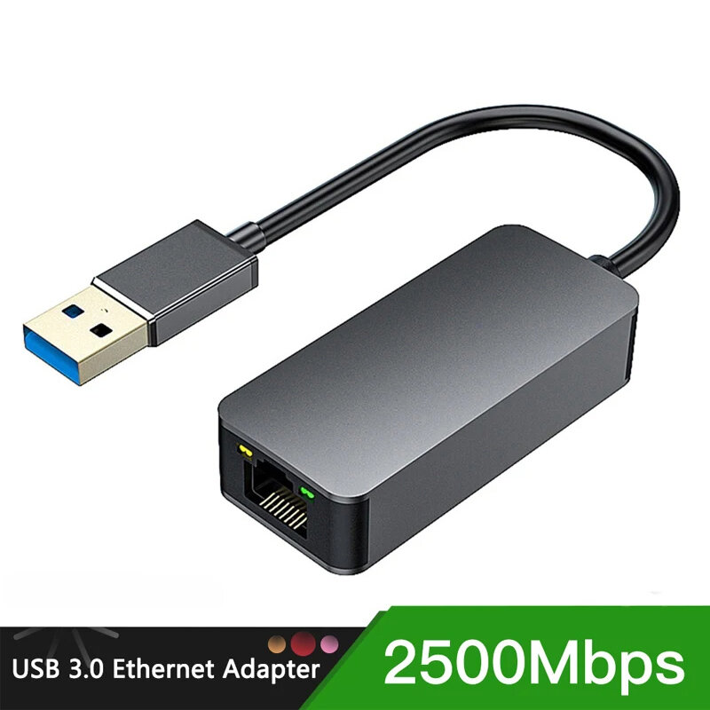 USB C Tipo-C Ethernet para RJ45, 2.5G, USB 3.0, Adaptador com fio, Lan Network Hub, Windows 7, 8, 10, MAC, PC, Laptop, 2500Mbps