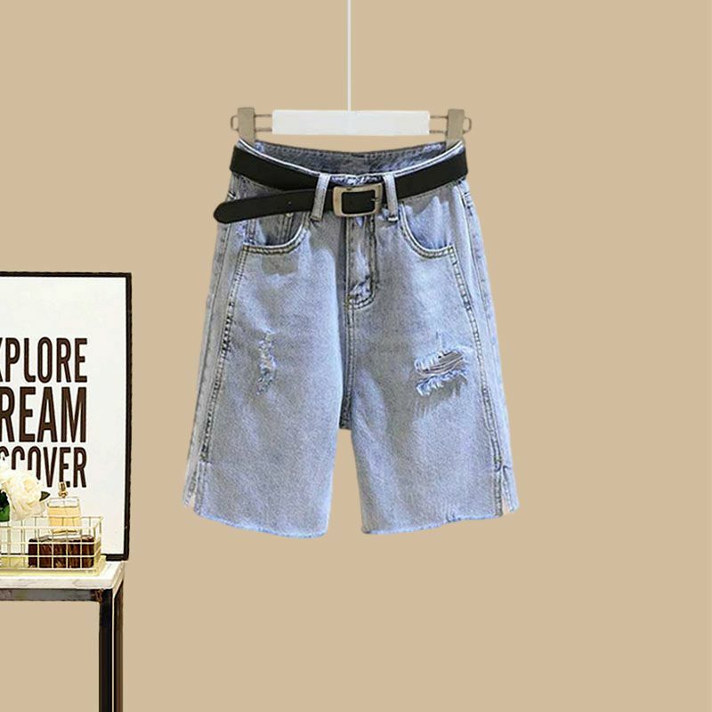 Conjunto de shorts jeans e protetor solar feminino, cinta fina, emagrecedor, versátil, verão, novo, conjunto de 3 peças, 2024