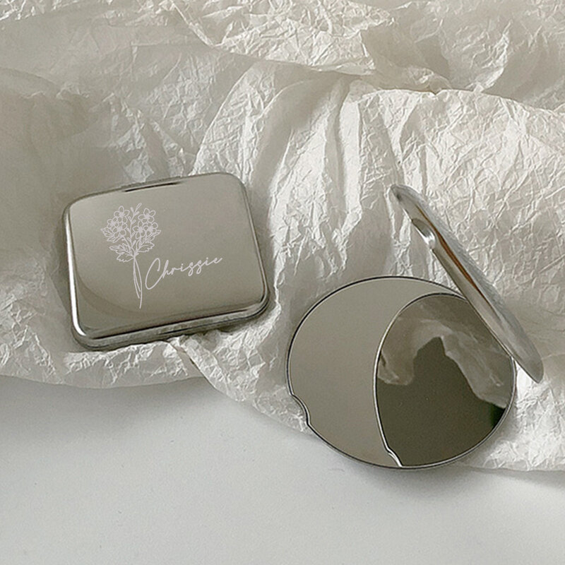 Espejo de maquillaje plegable compacto de acero inoxidable, personalizado, grabado, portátil, doble cara, regalos para damas de honor