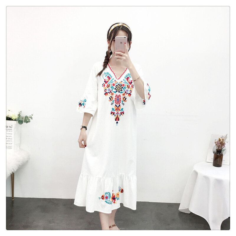 Винтажное плотное платье в этническом стиле с вышивкой, V-образным вырезом, Расклешенным рукавом, рукавом, свободный крой, удобное и дышащее