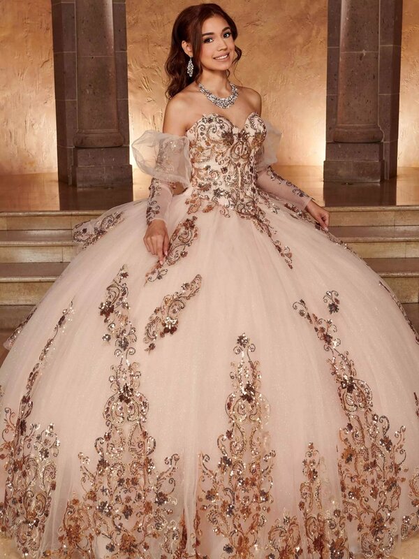 Romantic Sweetheart Neck Quinceanrra Prom Dresses Shiny Sequins Appliques Princess Long Pink Exquisite Sweet 16 Dress Vestidos