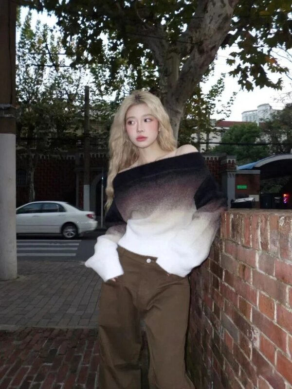 Deeptown Y2K ästhetische schulter freie Pullover Frauen Vintage Farbverlauf Strick pullover elegante Slash Schulter Tops koreanische Streetwear