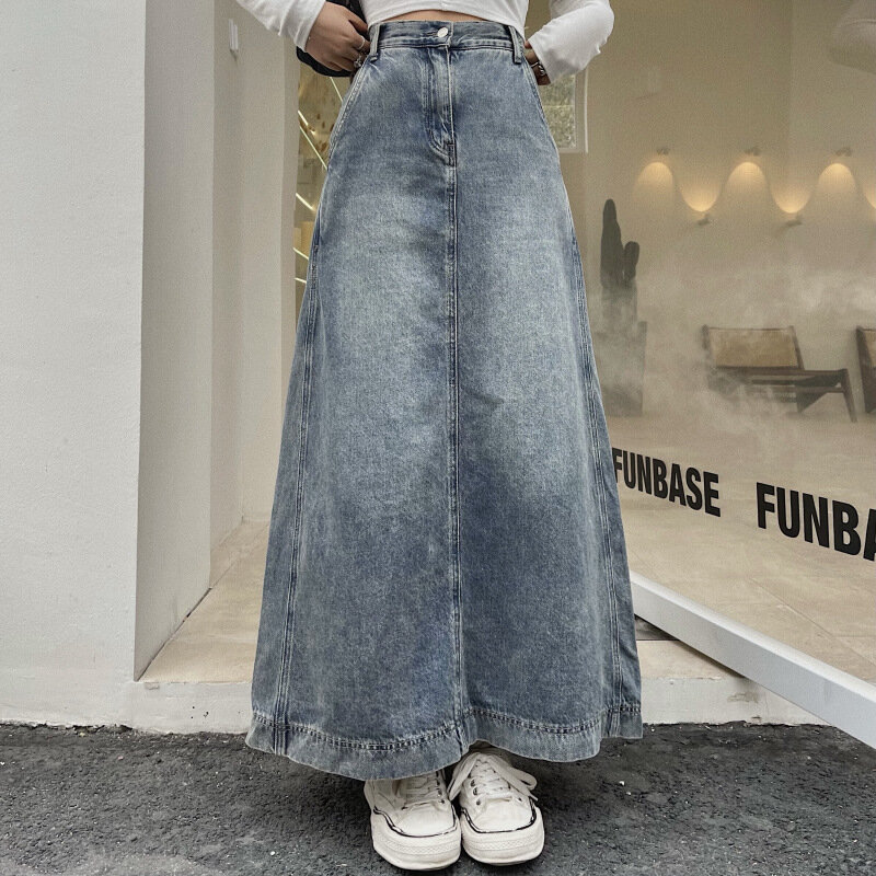 Vintage nieobszyte brzegi jeansowa spódniczka kobiet z wysokim stanem duża długa rozkloszowana spódnica