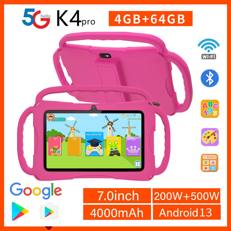 Tablette PC Android 13 pour enfants, édition Wi-Fi, 4 Go de RAM ,64 Go de stockage Dean, logiciel dos installé avec étui Verde, 7.0 pouces