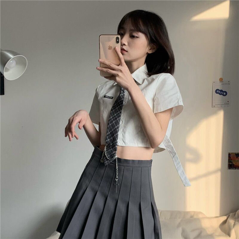 Sexy Cropped Shirt with Tie Women Design Preppy Style Cute Blouse Japan Casual Short Sleeve Fashion Letter Female Kawaii Tops