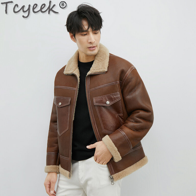 Tcyeek-メンズナチュラルシープスキンファーヴィンテージコート,本革ジャケット,厚手の本物の毛皮のコート,メンズ服,冬