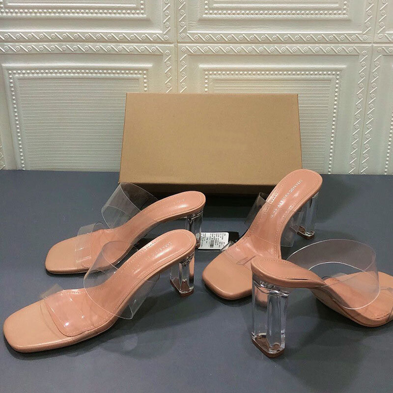 Sandales à talons hauts transparents pour femmes, tête carrée, optique, mode, été, 2024