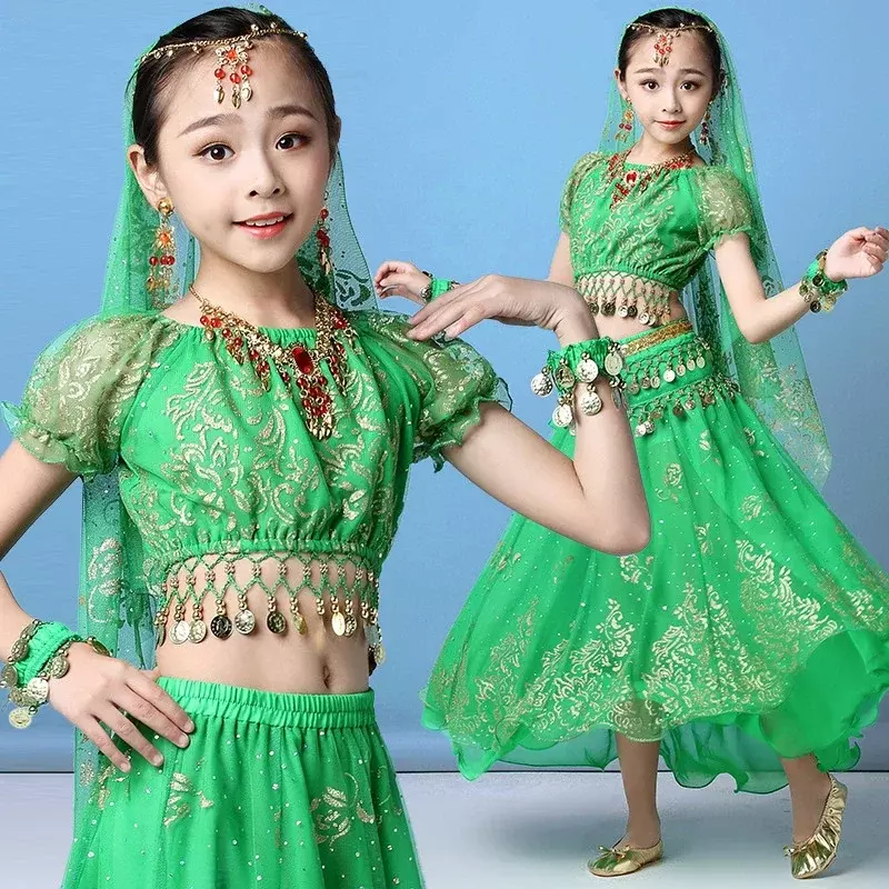 Conjunto de ropa de baile indio multicolor para niños, traje de danza del vientre, nuevo estilo, actuación en escenario, 4 unids/set