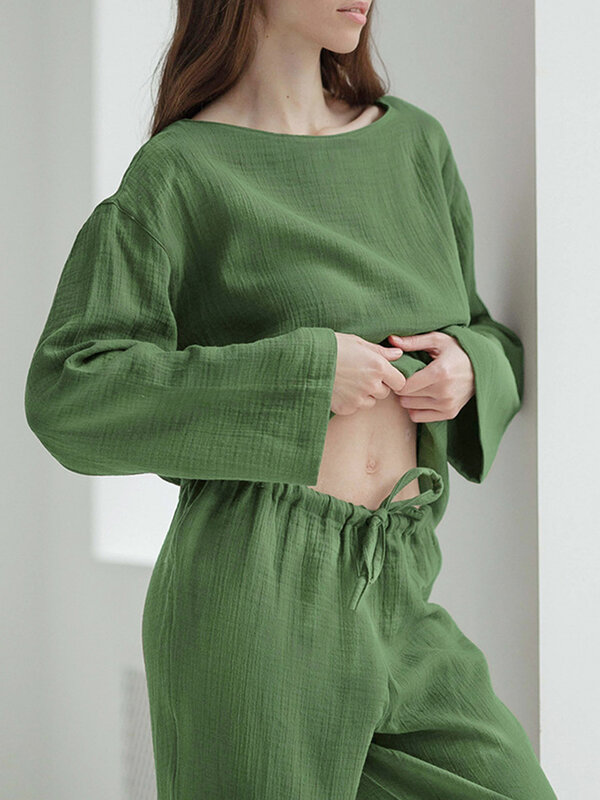 Marthaqiqi-Conjunto de pijama informal para mujer, ropa de dormir con cuello redondo, camisones de manga larga, pantalones de pierna ancha, ropa suelta para el hogar, 2 piezas