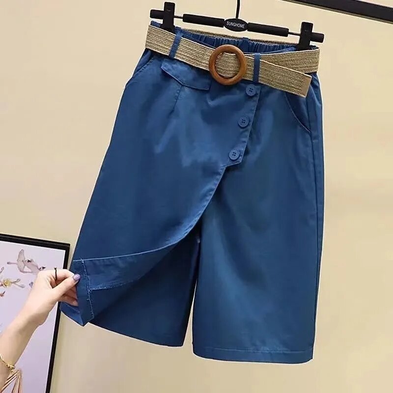 Pants Skirt for Women Shorts Summer Wide Leg Blue High Waist Straight-legged  Pockets Woman Short Black Korean Fashion Culotte