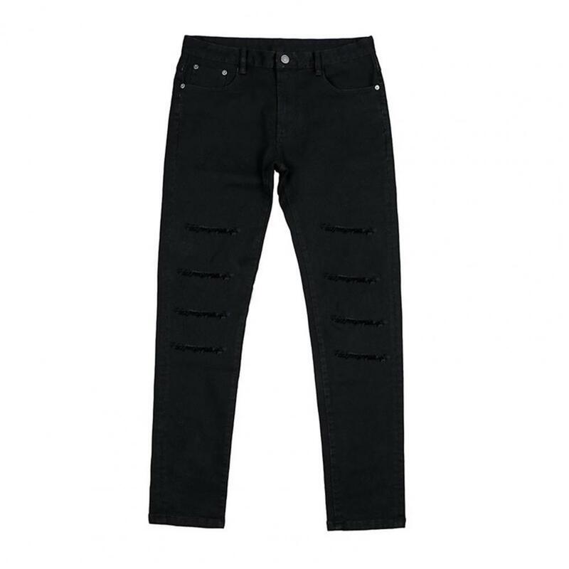 Korean Men Trousers Button Zipper Fly Pockets Jeans Ripped Holes Slim Denim Pants Streetwear