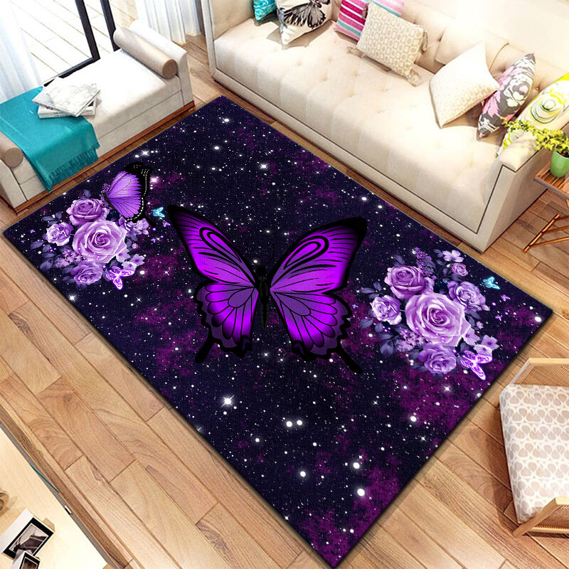 Magnifique tapis moderne imprimé de fleurs violettes, moquette papillon, pour salon, chambre à coucher, chevet, polymère de sol, couloir, antidérapant