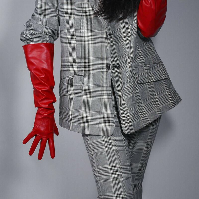Dooway ถุงมือถุงมือแดงใช้ได้ทั้งชายและหญิง, ถุงมือยาวถึงข้อศอกกว้างขนาดใหญ่หนังสังเคราะห์ฤดูหนาว