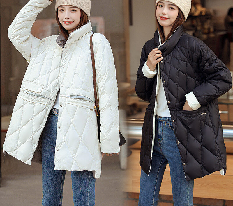 Mantel untuk Wanita Musim Dingin Jaket Panjang Medium Berdiri Kerah Ramping Tinggi Isi Bulu Mantel Hangat Tahan Dingin