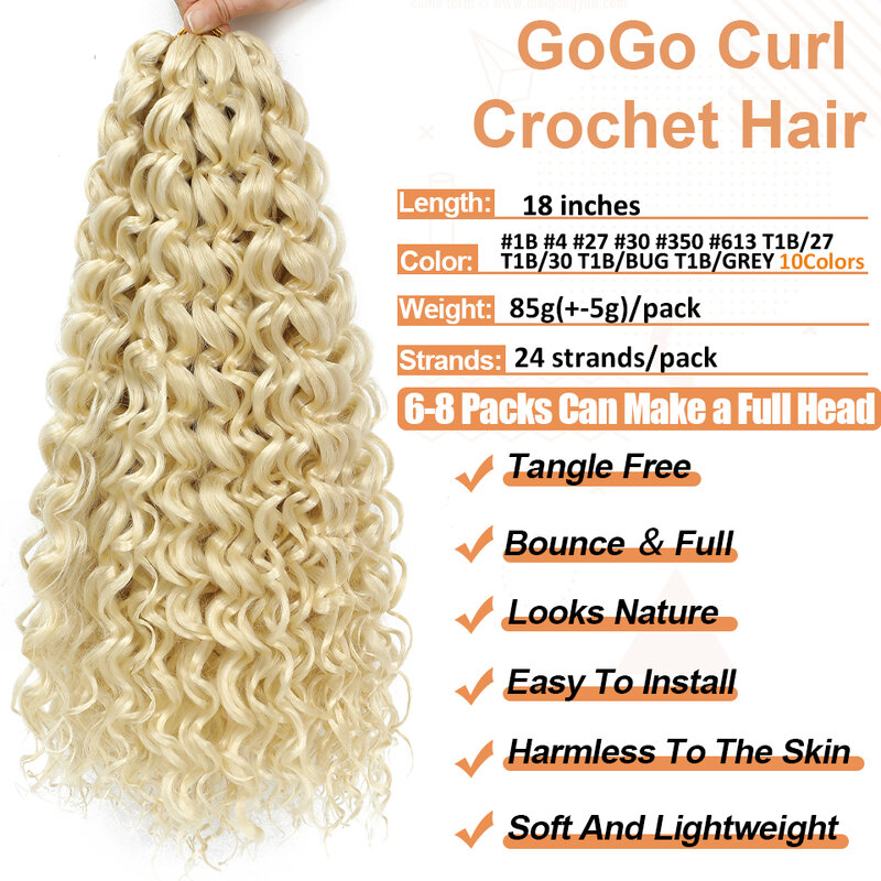 GoGo-Ocean Wave Crochet extensões de cabelo para mulheres, Ombre preto natural, trança de onda profunda, ondas onduladas