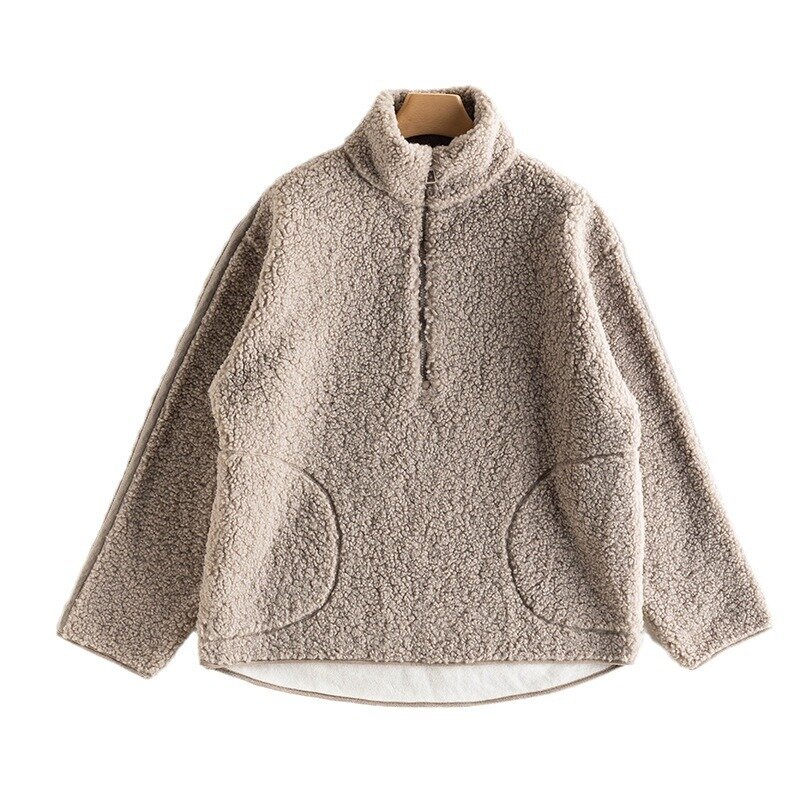 Casaco de algodão feminino de lã de cordeiro, casaco pelúcia com zíper, grosso e quente, outono e inverno