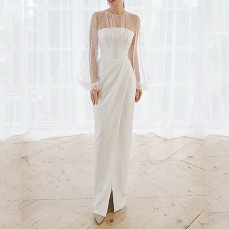 Simple Sheat Satin Wedding Dress O-Neck Tulle Illusion Long Sleeves Backless Lace Up High Slit Bridal Grown vestido de noiva2024