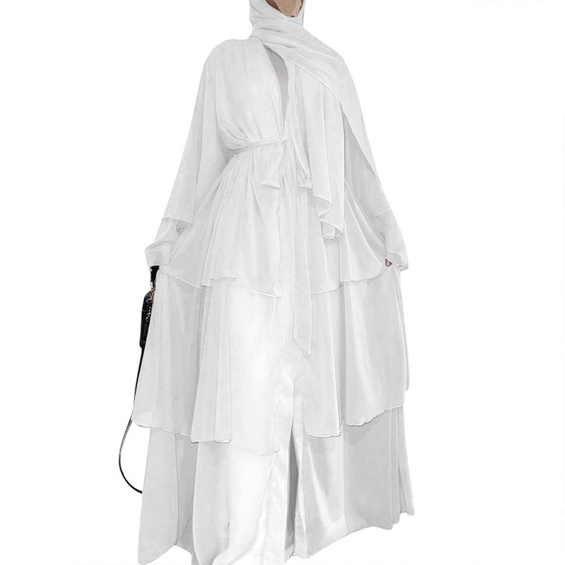 Szata Femme Musulmane modna, szyta trójwarstwowa szyfonowa elegancki kardigan suknia Abayas dla kobiet dubaj otwierana Abaya Kimono