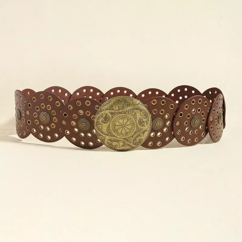 High quality round PU belt retro large round buckle belt women's belt western denim wide gold rivets steampunk decorative belt