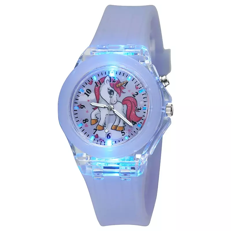 Jam tangan anak bayi Unicorn kartun, mainan anak perempuan tali silikon lampu kilat, jam tangan anak-anak, jam tangan kuarsa Reloj Infantil