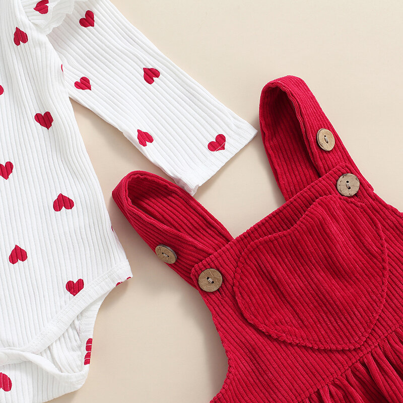 Walentynki niemowlę dziewczynka dwuczęściowy garnitur wzór serca wzburzyć z długim rękawem O-Neck Romper topy + sztruks spódnica pończochowa