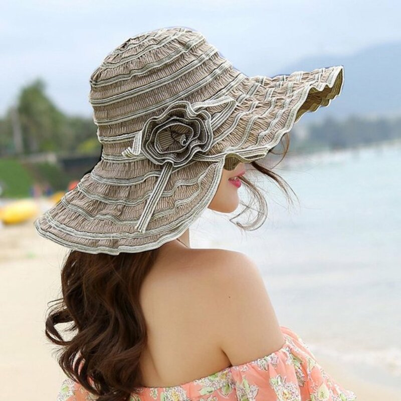 Sombrero de ala ancha con flores para mujer, gorra plegable ajustable, enrollable, flexible, para vacaciones en la playa, protección solar Anti-UV, para verano