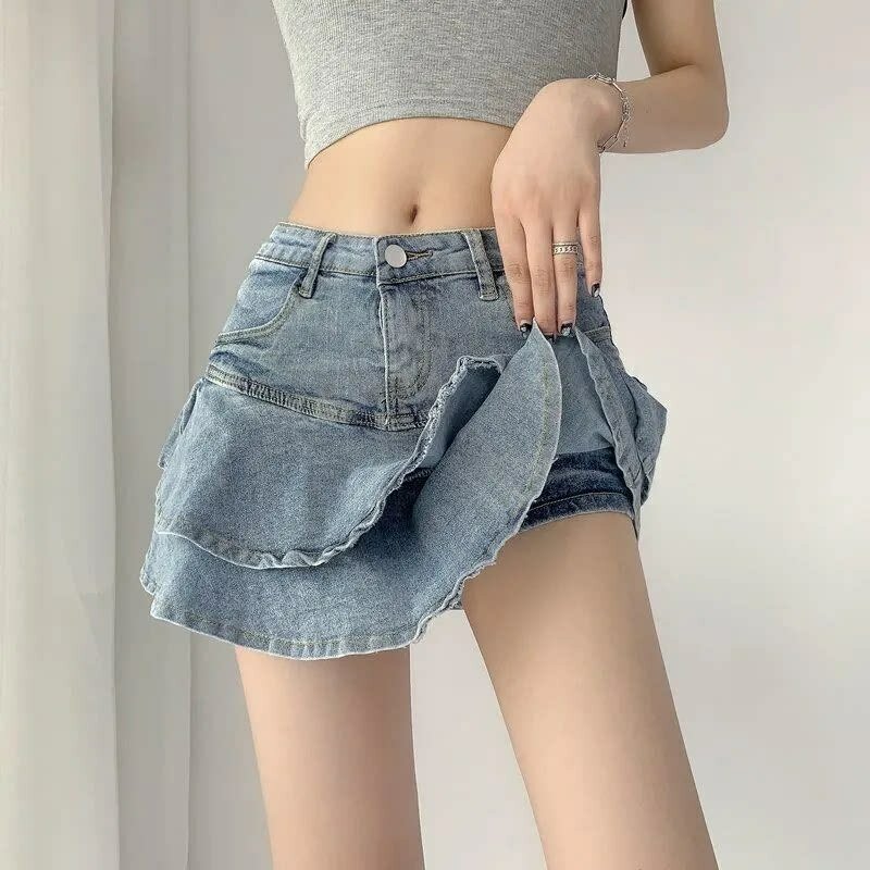 2023 sexy Rüschen Minirock Denim Frauen Sommer Vintage süße hohe Taille Patchwork A-Linie kurze Jeans Rock Gyaru Streetwear