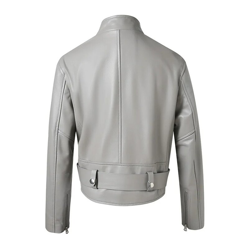 Женская Байкерская кожаная куртка, короткое пальто из натуральной овечьей кожи на молнии, однотонная модная ветрозащитная мотоциклетная верхняя одежда, 2022, 3566