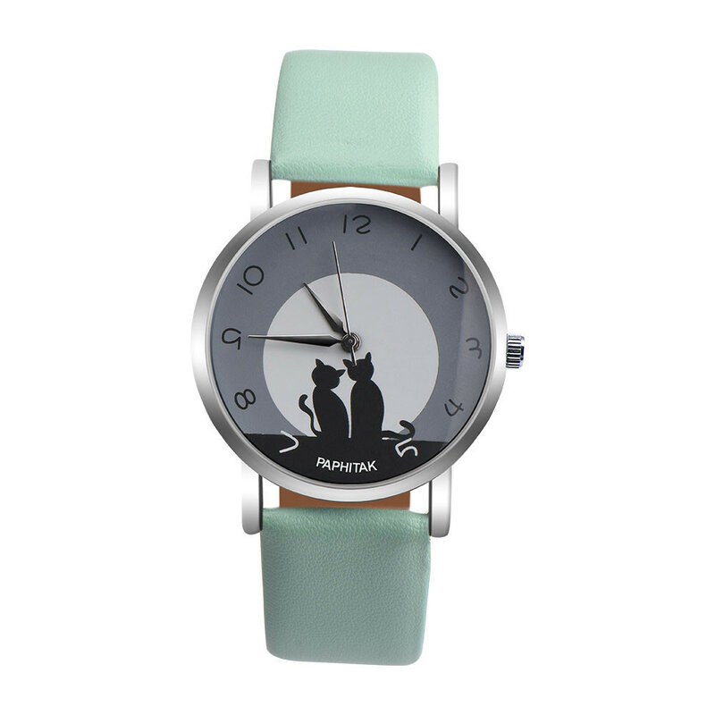 Cute Cat Face Round Dial Rhinestone Faux Leather Wristwatch Women Analog Quartz Wrist Watch Female Ladies Clock Birthday Gift